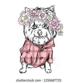 A beautiful dog in a wreath of wild rose. Vector illustration for postcard or poster, print for clothes. Spring and summer, a bouquet of flowers. Vintage and retro. Hipster. Cute puppy.