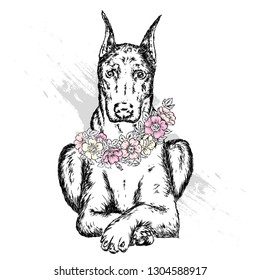A beautiful dog in a wreath of wild rose. Vector illustration for postcard or poster, print for clothes. Spring and summer, a bouquet of flowers. Vintage and retro. Hipster. Cute puppy.