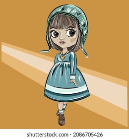 A beautiful doll in a bright dress and shoes. Children's toys. Fashion. Basic minimalist wardrobe. Isolated vector object.