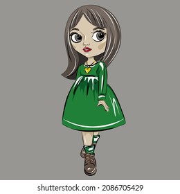 A beautiful doll in a bright dress and shoes. Children's toys. Fashion. Basic minimalist wardrobe. Isolated vector object.