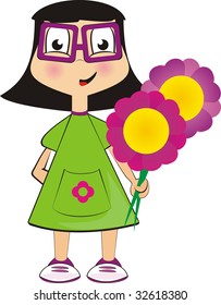 Beautiful doll cartoon with flowers in her hand