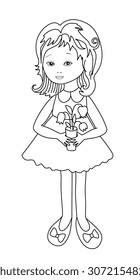 Beautiful doll for coloring book. Black and white illustration.  