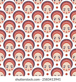 Beautiful Doll Face Close Up pattern. Matryoshka Doll with Open Eyes and white lashes. Pretty Eyes, Lush Eyelashes and Red lips. Female face. Vector.