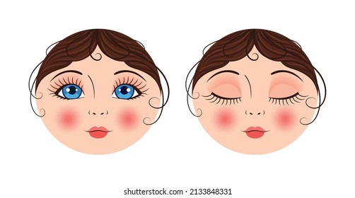 Beautiful Doll Face Close Up. Template. Matryoshka Doll with Open and Closed Eyes. Pretty Blue Eyes, Lush Eyelashes and Red lips. Female face with Brown Hair and Curls. Color Cartoon style. Vector.