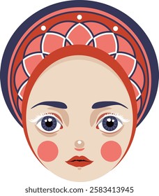 Beautiful Doll Face Close Up. Template. Matryoshka Doll with Open Eyes and white lashes. Pretty Eyes, Lush Eyelashes and Red lips. Female face. Color Cartoon style.