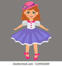 beautiful doll in hat and dress on grey background, baby toy