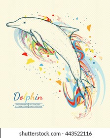 Beautiful dolphin jumping out of the water, dolphin art hand drawn vector illustration 