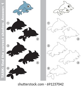 Beautiful Dolphin Mother and Baby with different shadows to find the correct one, compare and connect object with it true shadow, the educational kid game with simple gaming level.