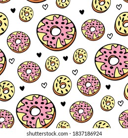 Beautiful donuts  background. Delicious multicolored donuts hand-drawn. Vector illustration.