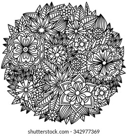 Beautiful doodle art flowers. Hand drawn herbal design elements. Black and white pattern.