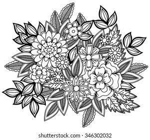 Beautiful doodle art flowers. Hand drawn herbal design elements. Black and white pattern.