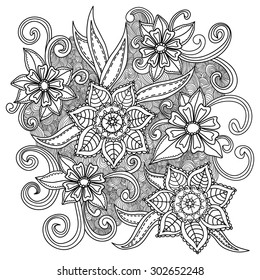 Beautiful doodle art flowers. Zentangle floral pattern. Hand drawn herbal design elements. Black and white pattern.