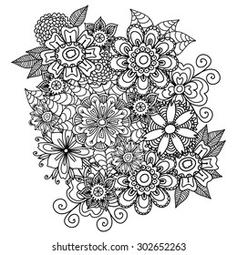 Beautiful doodle art flowers. Zentangle floral pattern. Hand drawn herbal design elements. Black and white pattern.