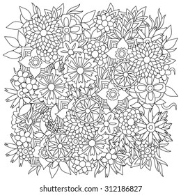 Beautiful doodle art flowers. Zentangle floral pattern. Hand drawn herbal design elements. Black and white pattern.