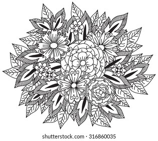 Beautiful doodle art flowers. Zentangle floral pattern. Hand drawn herbal design elements. Black and white pattern.