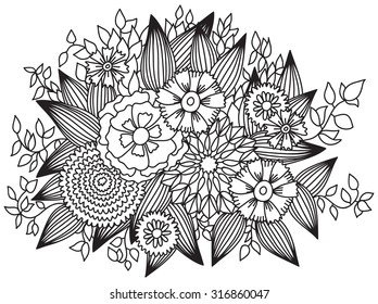 Beautiful doodle art flowers. Zentangle floral pattern. Hand drawn herbal design elements. Black and white pattern.