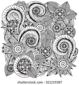 Beautiful doodle art flowers. Zentangle floral pattern. Hand drawn herbal design elements. Black and white pattern.