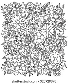 Beautiful doodle art flowers. Zentangle floral pattern. Hand drawn herbal design elements. Black and white pattern.