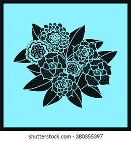 Beautiful doodle art flowers. Zentangle pattern. Hand drawn herbal design element. Floral black and blue illustration. Isolated lace ornament on blue background. Decorative
vector artwork. 
