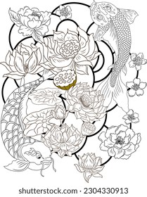 Beautiful doodle art Koi carp tattoo design.Traditional Japanese culture art for printing on white background. 