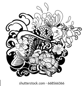 Beautiful doodle art Koi carp tattoo design .Traditional Japanese culture for printing on white background.