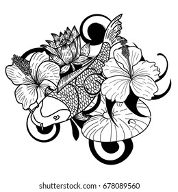 Beautiful doodle art Koi carp tattoo design.Traditional Japanese culture art for printing on white background. 