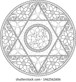 Beautiful doodle black on transparent floral holiday mandala with gem stones and pomegramate panneau, judaica style with six pointed star