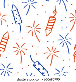 Beautiful doodle fireworks and sparklers. Vector hand drawn seamless pattern