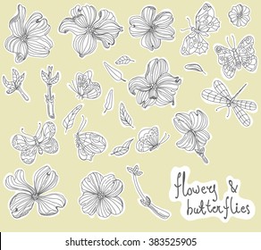 Beautiful Doodle flower set over white background for design, dogwood flowers, Vector svg