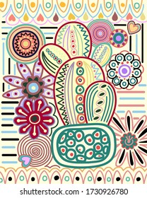 beautiful  doodle  illustration with stylized flower, dots, hearts and lines.  