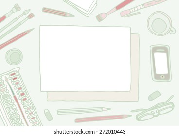 Beautiful doodle mockup illustration. Corporate identity, stationery, top view. Work space.