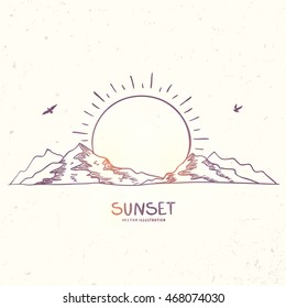 Beautiful doodle nature mountains and sun. Hand drawn sketch. Vector illustration