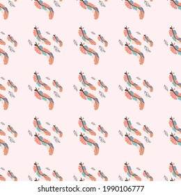Beautiful doodle seamless pattern of boho feathers on a pink background. Hand drawn style. Seamless texture