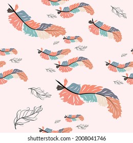 Hermoso doodle sin fisuras de plumas de boho en un fondo rosado. Estilo dibujado a mano. Textura sin inconvenientes