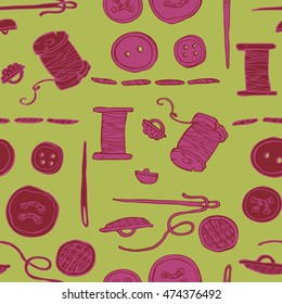 Beautiful doodle seamless pattern with object for needlework. Hand drawn. Accessories for needlework.