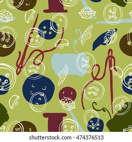 Beautiful doodle seamless pattern with object for needlework. Hand drawn. Accessories for needlework.