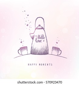 Beautiful doodle silhouette of magic kettle and two cups. Hand drawn sketch. Valentines Day card. Vector illustration