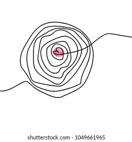 Beautiful doodled rose flower with heart and watercolor pink splash in the center, vector illustration.Continuous line drawing. 