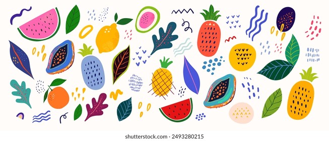 Beautiful doodles collection with fruits: watermelon, pineapple, lemon, leaves.