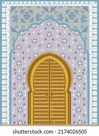 Beautiful door entrance to the Moroccan temple. Patterns are made with multi-colored mosaics and paintings on the walls. Vector