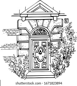 Beautiful door in the style of art Deco. Vector black and white line graphics. Isolated on a white background. Coloring book for children and adults