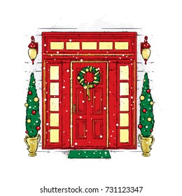 Beautiful door with a wreath of Christmas, lanterns and fir-trees on the sides. Vector illustration for a postcard or a poster. New Year's and Christmas. 