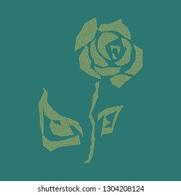 Beautiful dotty sketch, rose flower on a green background