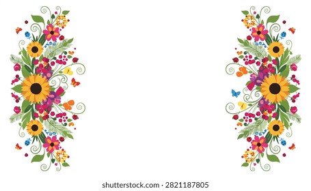 Beautiful double sided floral border frames with colorful sunflowers, roses, leaves, berries, and fluttering butterflies.