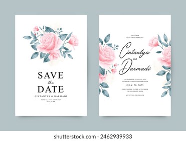 Beautiful double sided wedding invitation template set with roses and watercolor flowers
