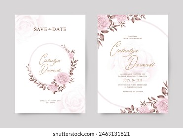 Beautiful double sided wedding invitation set with roses and leaves