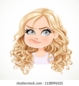 Beautiful doubt cartoon blond girl with magnificent curly hair portrait isolated on white background