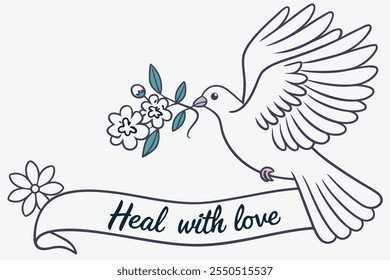 a beautiful dove like bird flying with flowing tail, with light pastel flowers carried in beak and draped around bird. A flowing banner under the dove that says Heal with love. light blue and gray hue