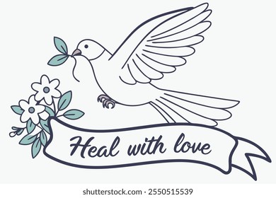 a beautiful dove like bird flying with flowing tail, with light pastel flowers carried in beak and draped around bird. A flowing banner under the dove that says Heal with love. light blue and gray hue