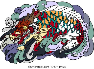 Beautiful Dragon carp Koi tattoo design, colorful koi fish and flower. Idea for tattoo and coloring books.